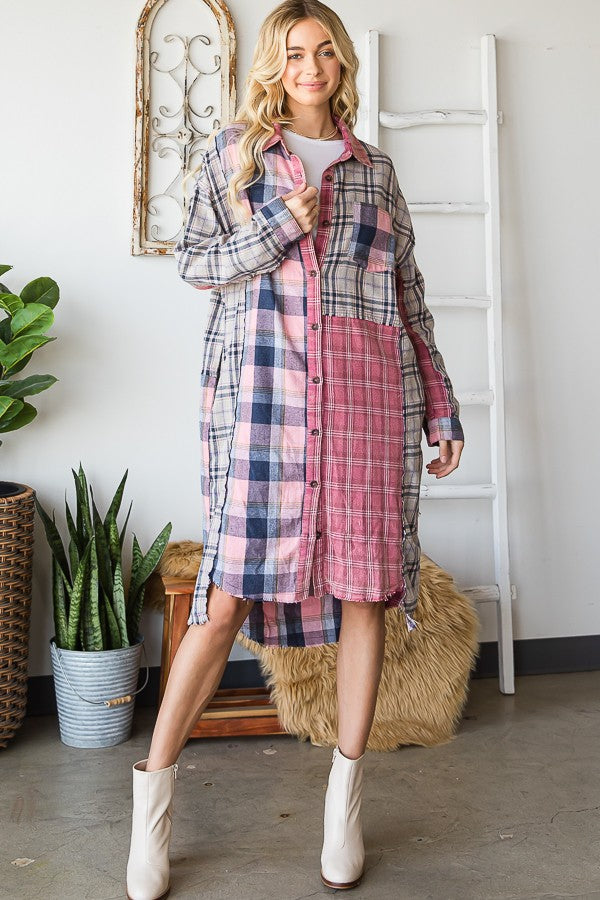 Love You a Latte Mixed Plaid Duster in Berry