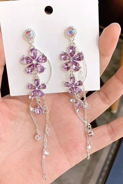 Crystal Garden Lilac Floral Dangle Drop Earrings in Silver