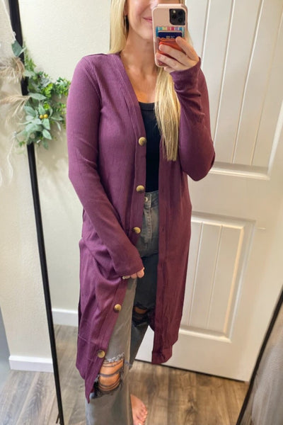 Faye Longline Ribbed Cardigan in Eggplant