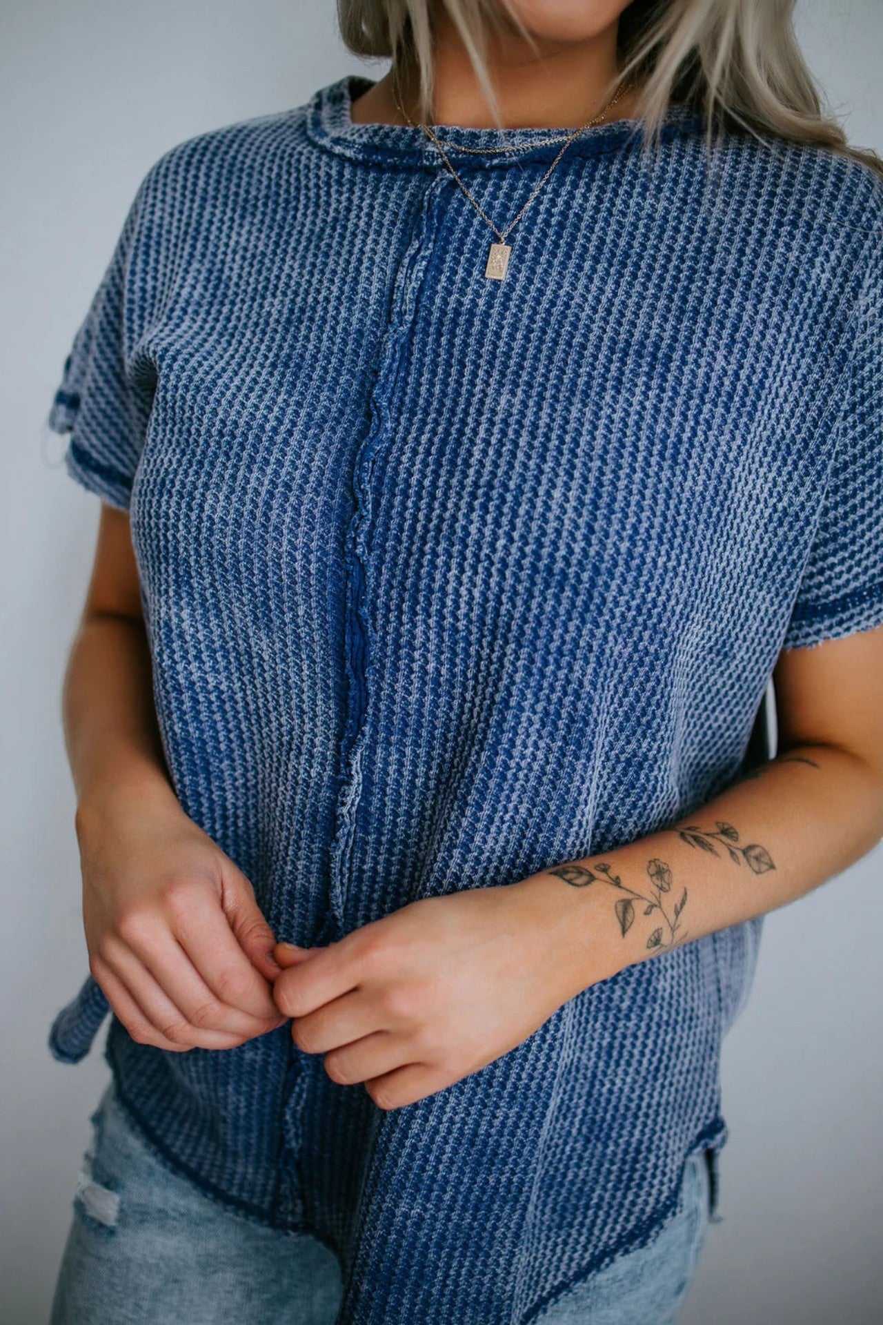 Walk The Line Acid Wash Waffle Tee in Light Navy