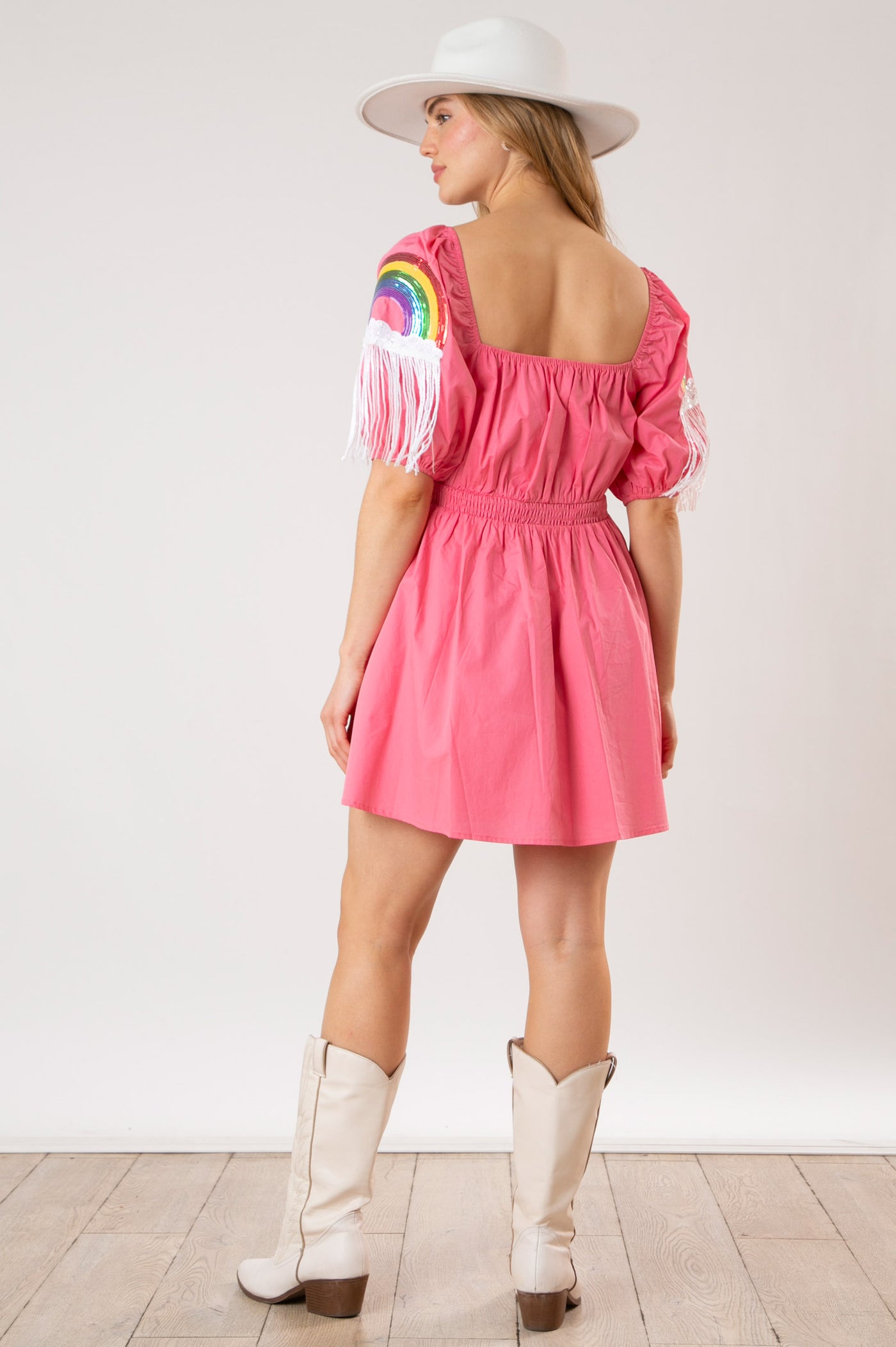 Happiest Day Ever Rainbow Sequin Sleeve Dress in Dark Coral