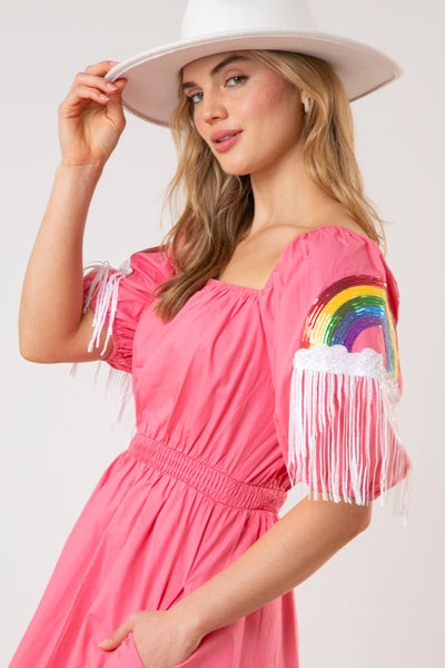 Happiest Day Ever Rainbow Sequin Sleeve Dress in Dark Coral