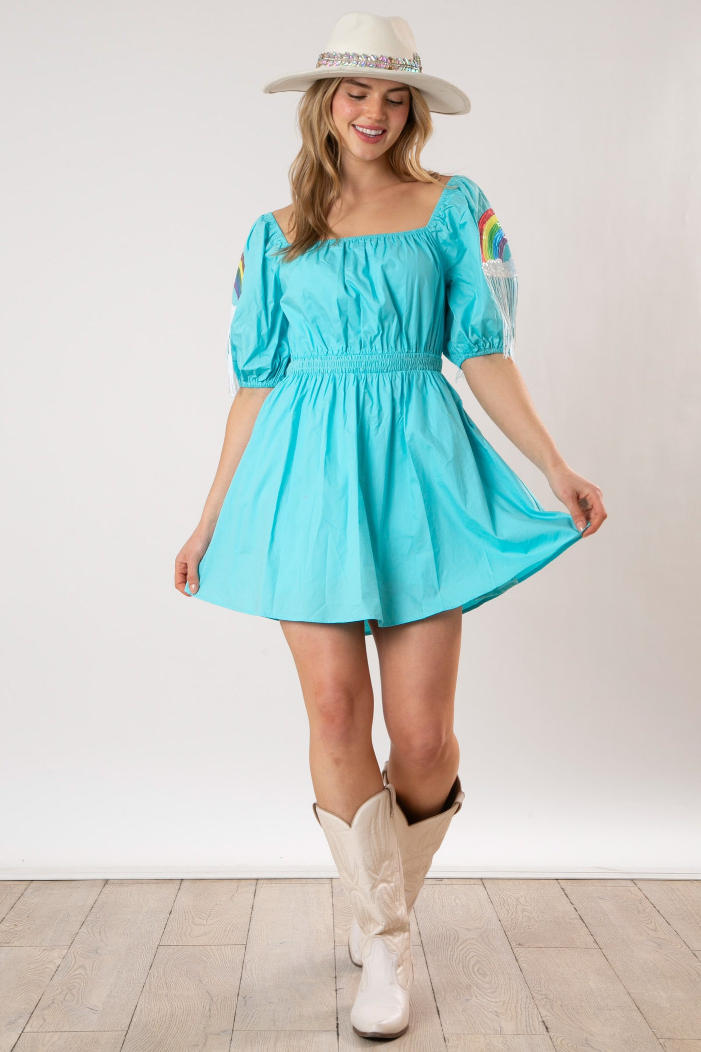 Happiest Day Ever Rainbow Sequin Sleeve Dress in Sky Blue