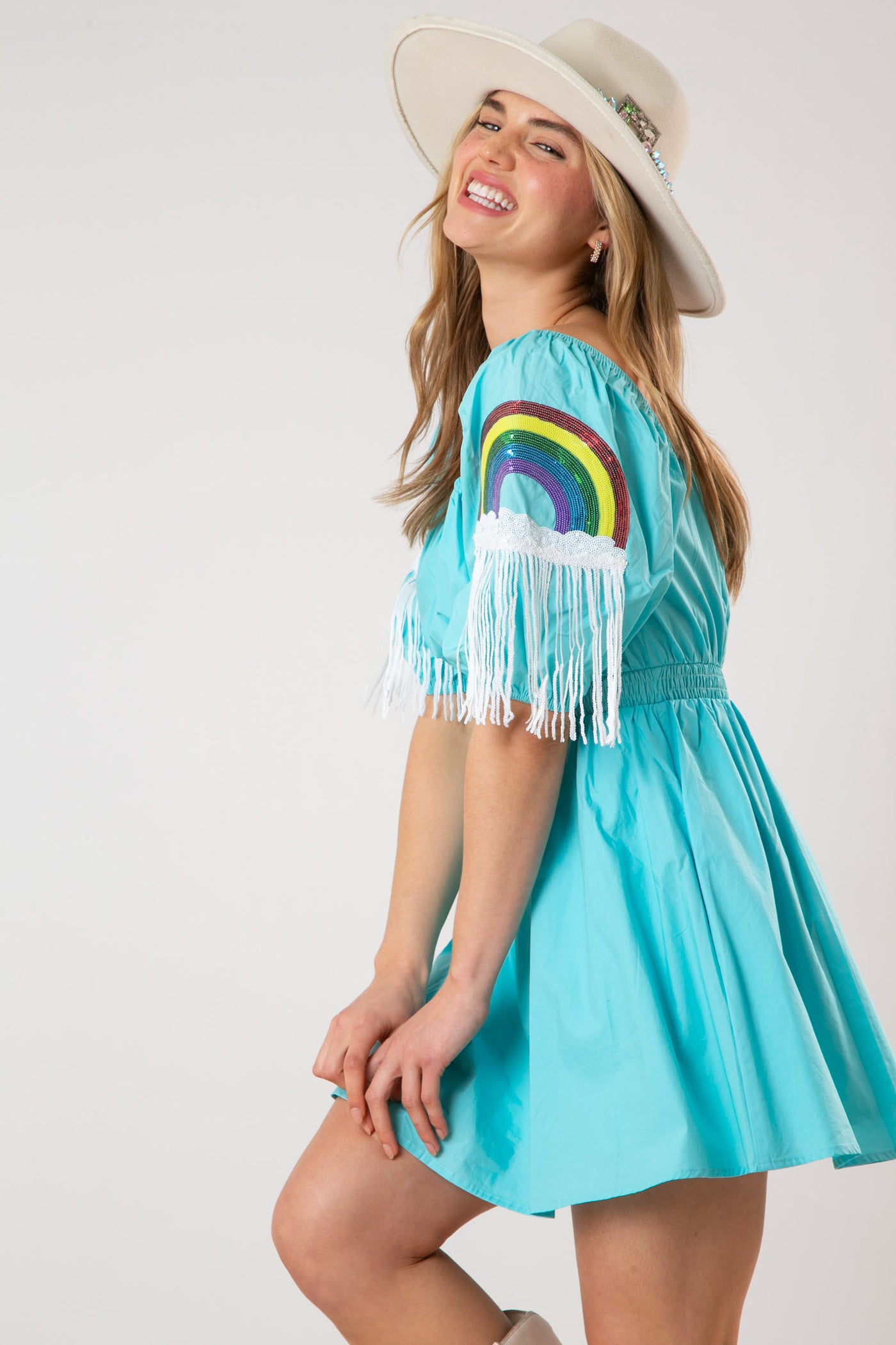 Happiest Day Ever Rainbow Sequin Sleeve Dress in Sky Blue