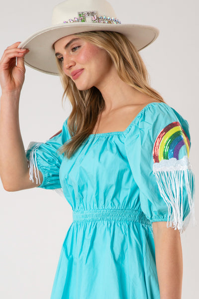 Happiest Day Ever Rainbow Sequin Sleeve Dress in Sky Blue