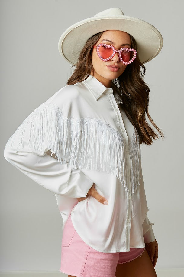 Flirty And Fringe Satin Shirt in Off White