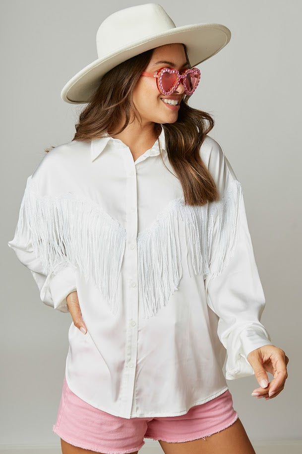 Flirty And Fringe Satin Shirt in Off White