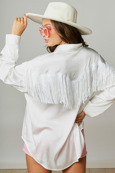 Flirty And Fringe Satin Shirt in Off White