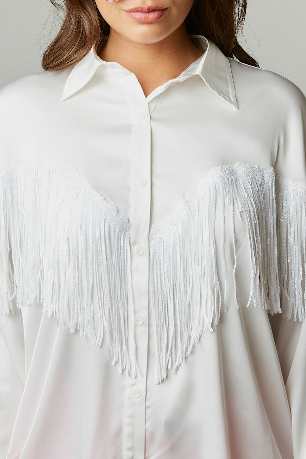 Flirty And Fringe Satin Shirt in Off White