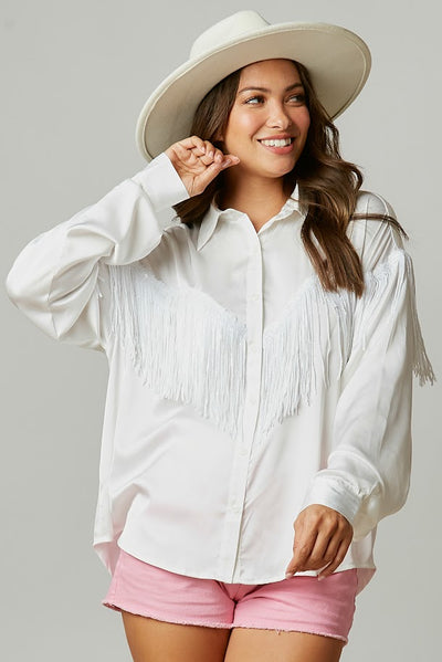 Flirty And Fringe Satin Shirt in Off White