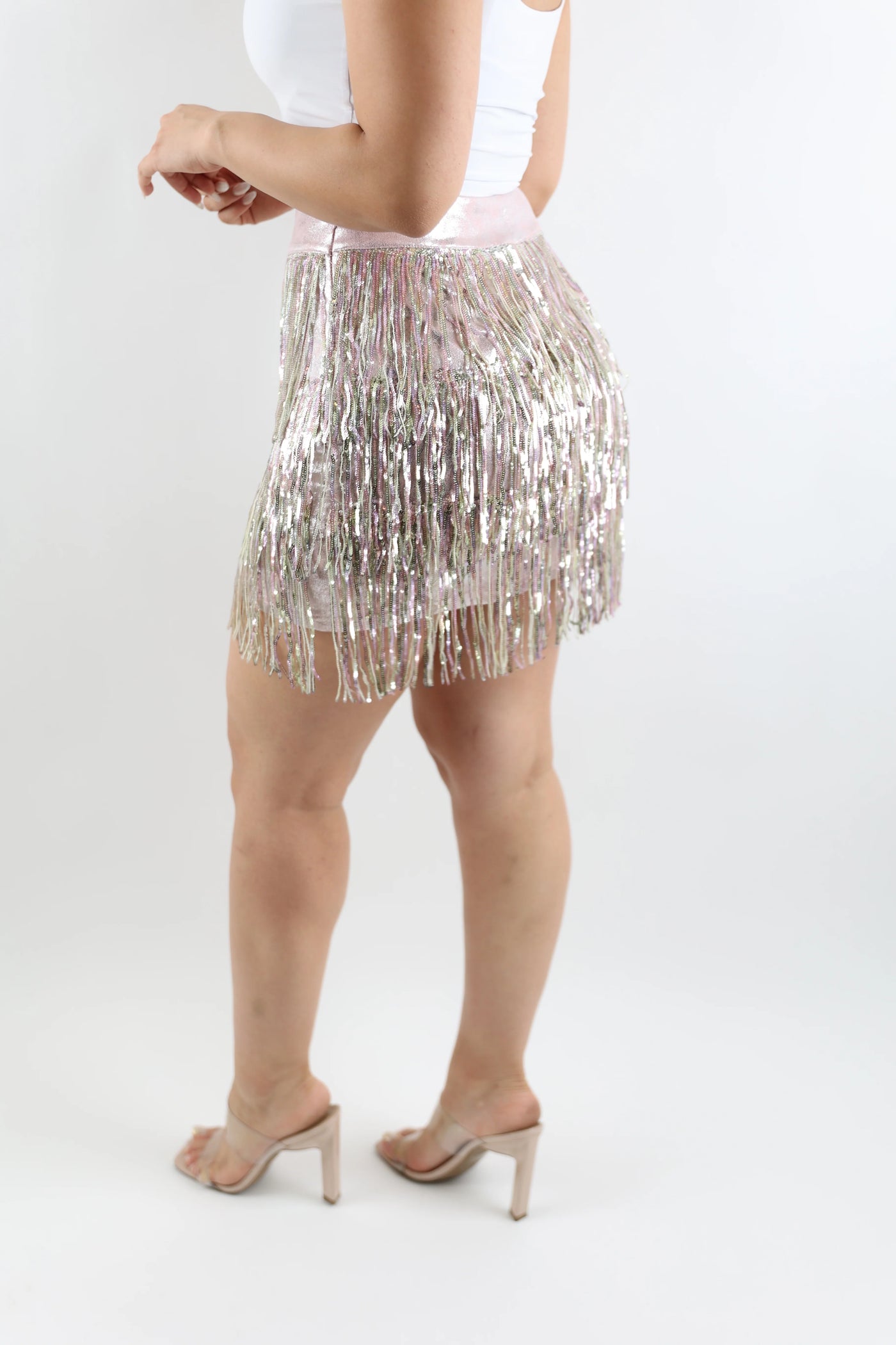 Unicorn Party Multi Sequin Tiered Mini Skirt in Pink Beige