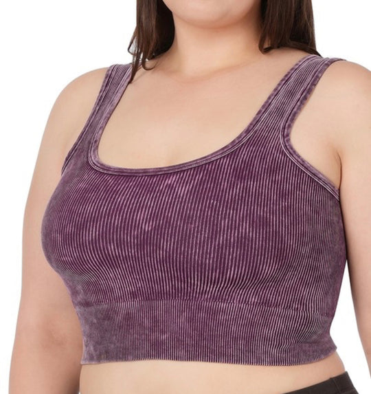 Maddie Washed Ribbed Crop Top Bralette in Eggplant