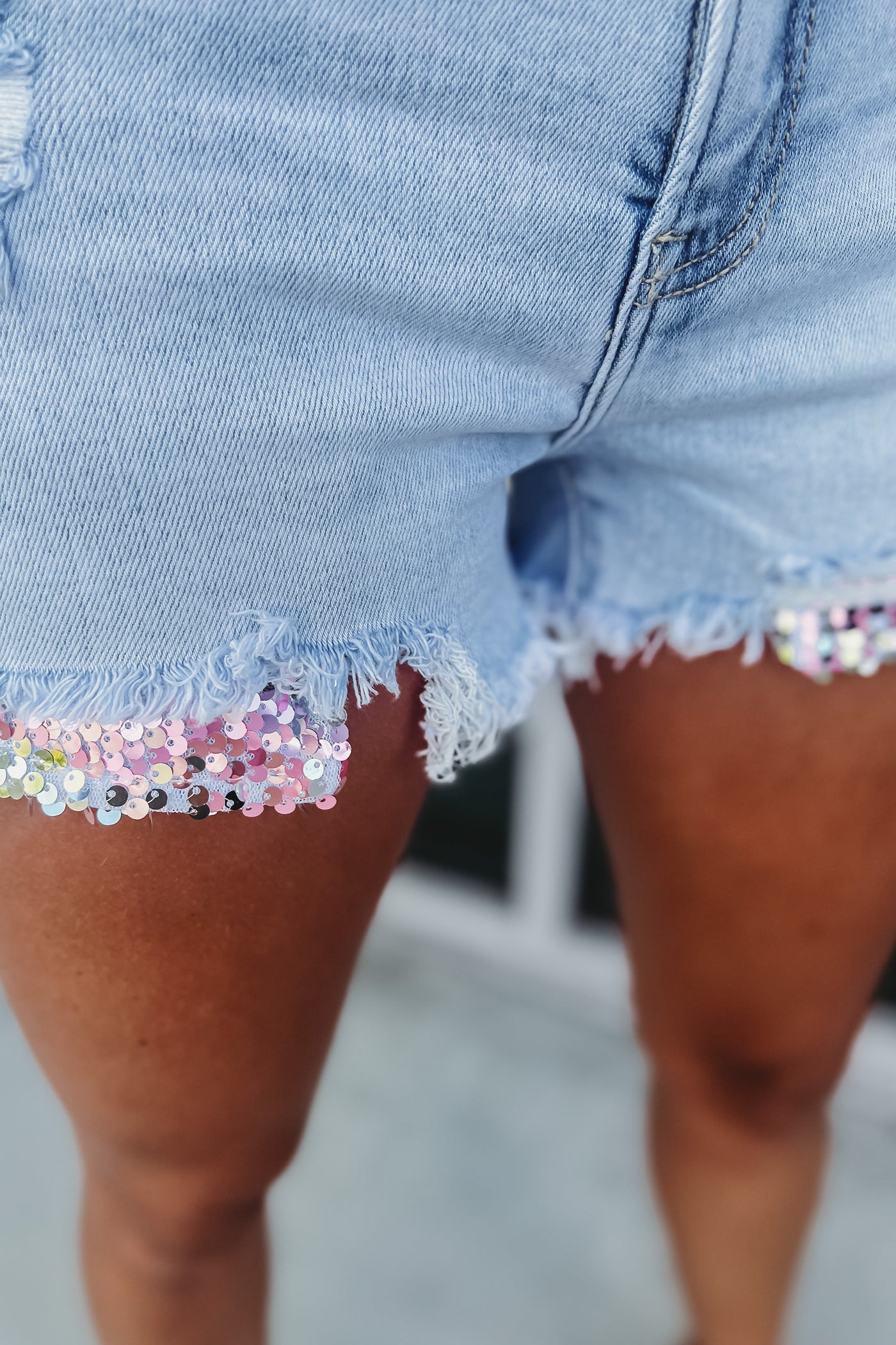 Risen Kayden High Rise Sequin Pocket Light Denim Shorts