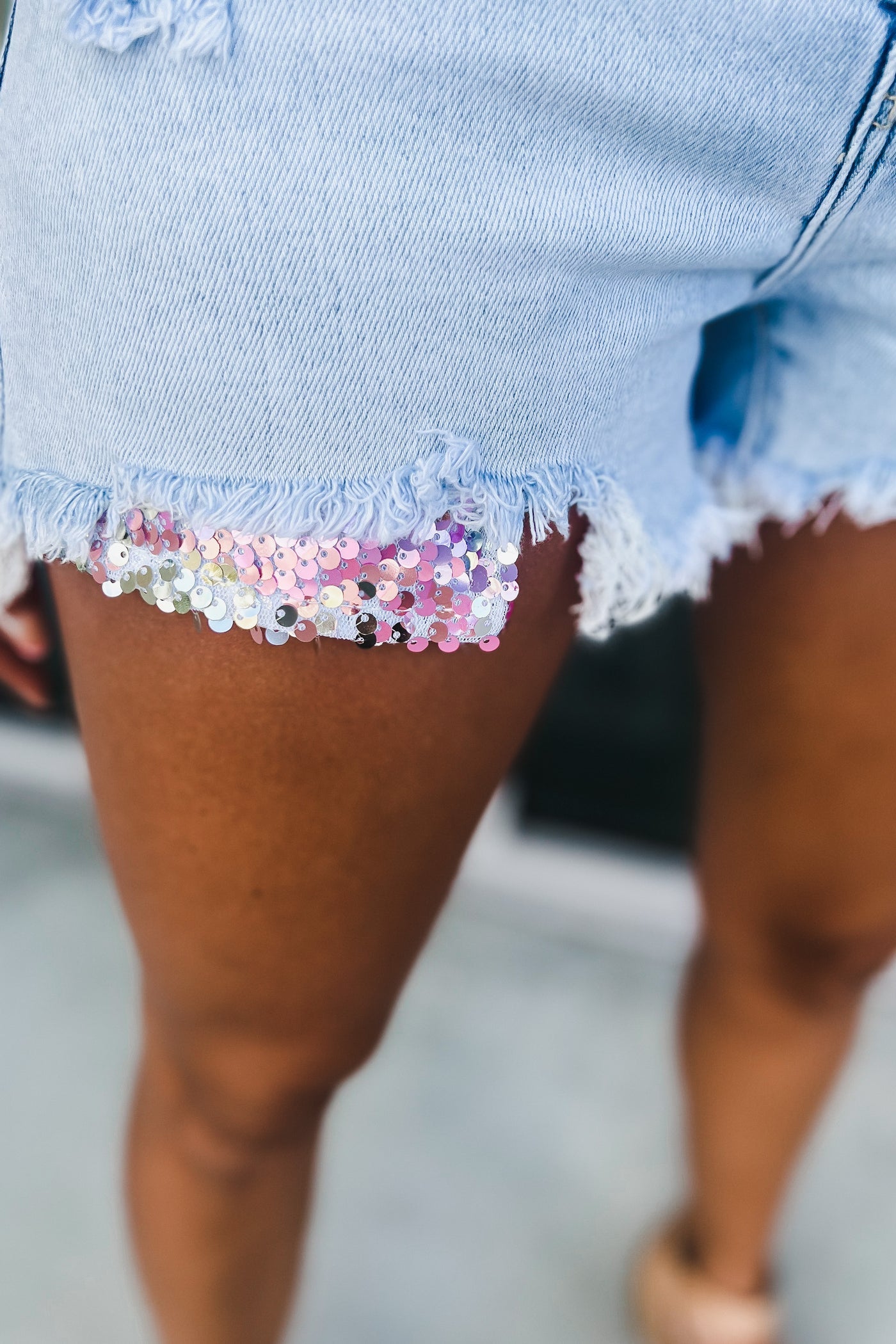 Risen Kayden High Rise Sequin Pocket Light Denim Shorts