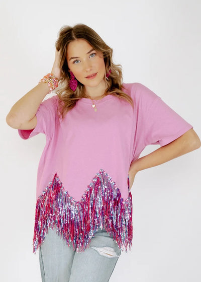 Here for the Fringe Chevron Sequin Top in Lavender