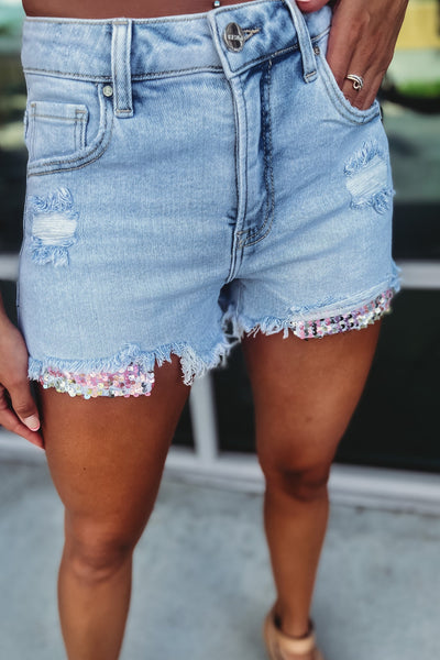 Risen Kayden High Rise Sequin Pocket Light Denim Shorts