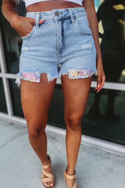 Risen Kayden High Rise Sequin Pocket Light Denim Shorts