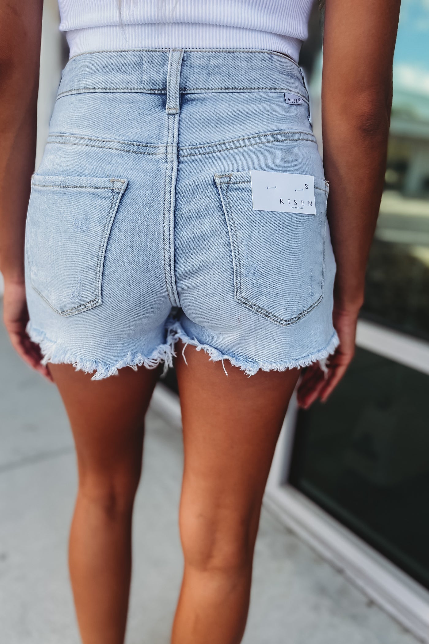 Risen Kayden High Rise Sequin Pocket Light Denim Shorts