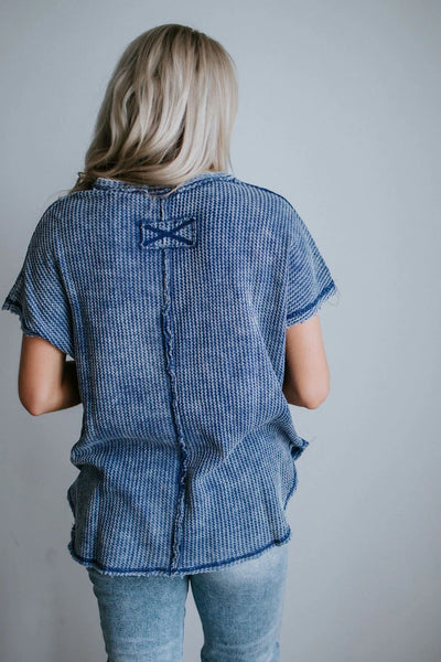 Walk The Line Acid Wash Waffle Tee in Light Navy