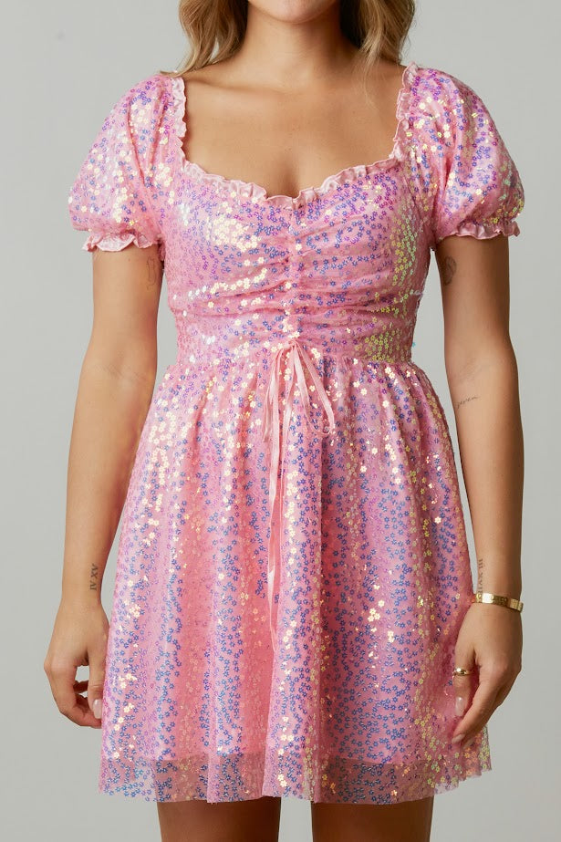 Flower Power Sequin Baby Doll Dress in Pink