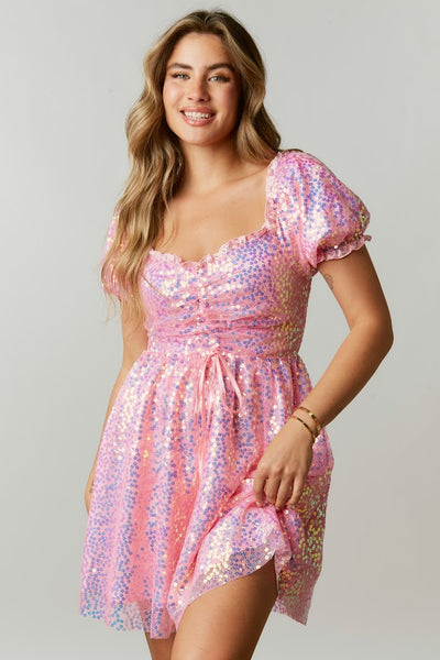 Flower Power Sequin Baby Doll Dress in Pink