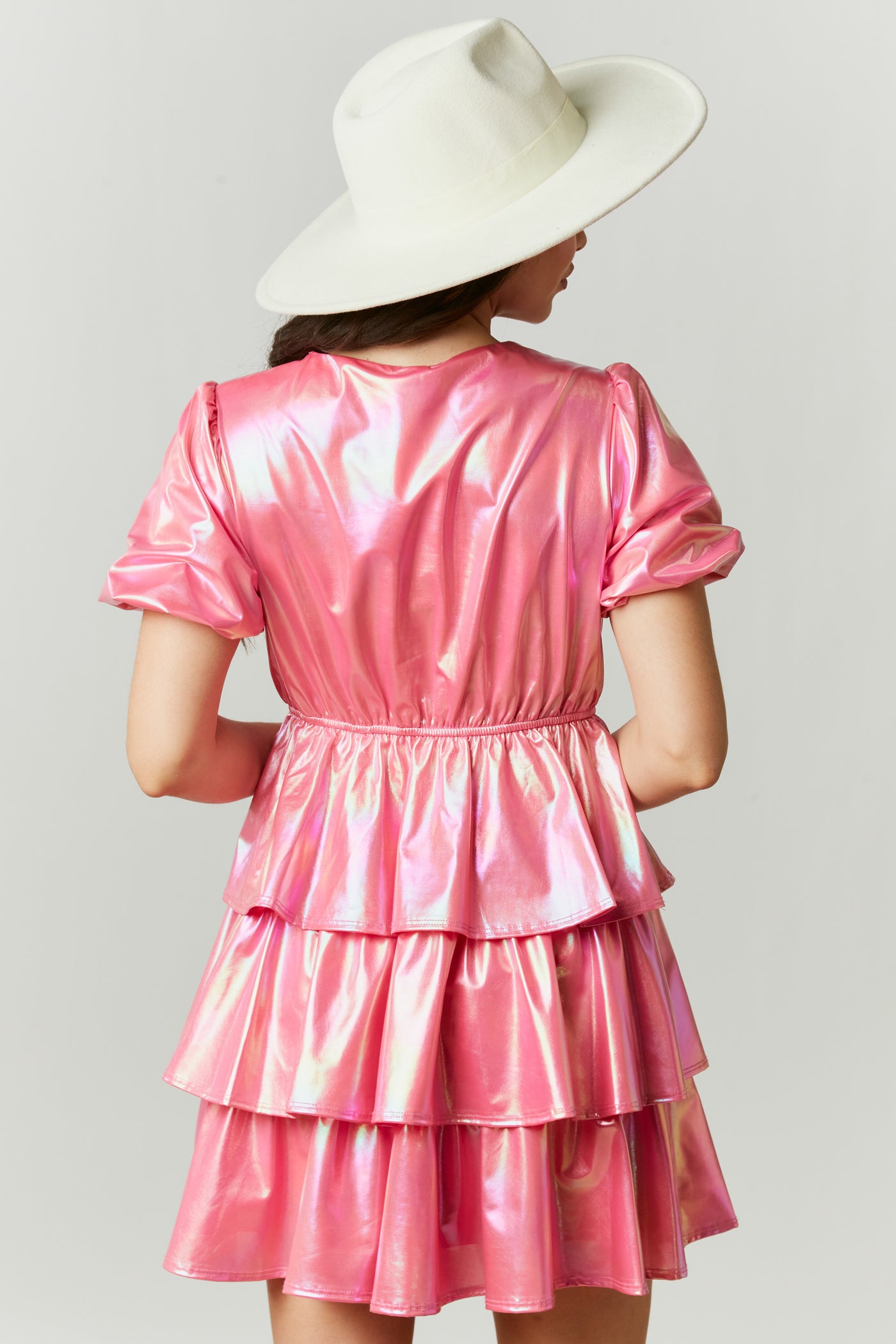 The Gumdrop Tiered Mini Dress in Iridescent Pink