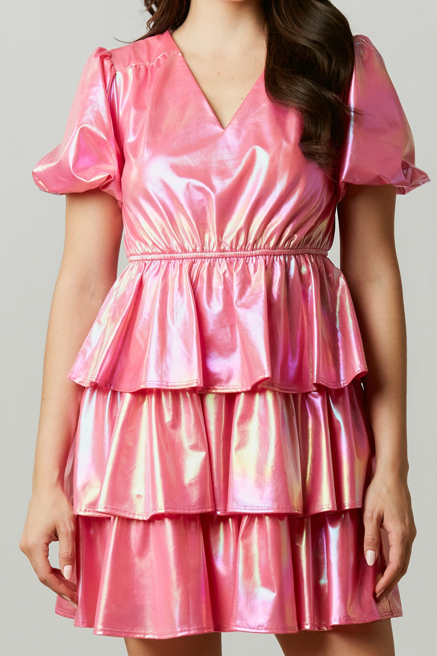 The Gumdrop Tiered Mini Dress in Iridescent Pink