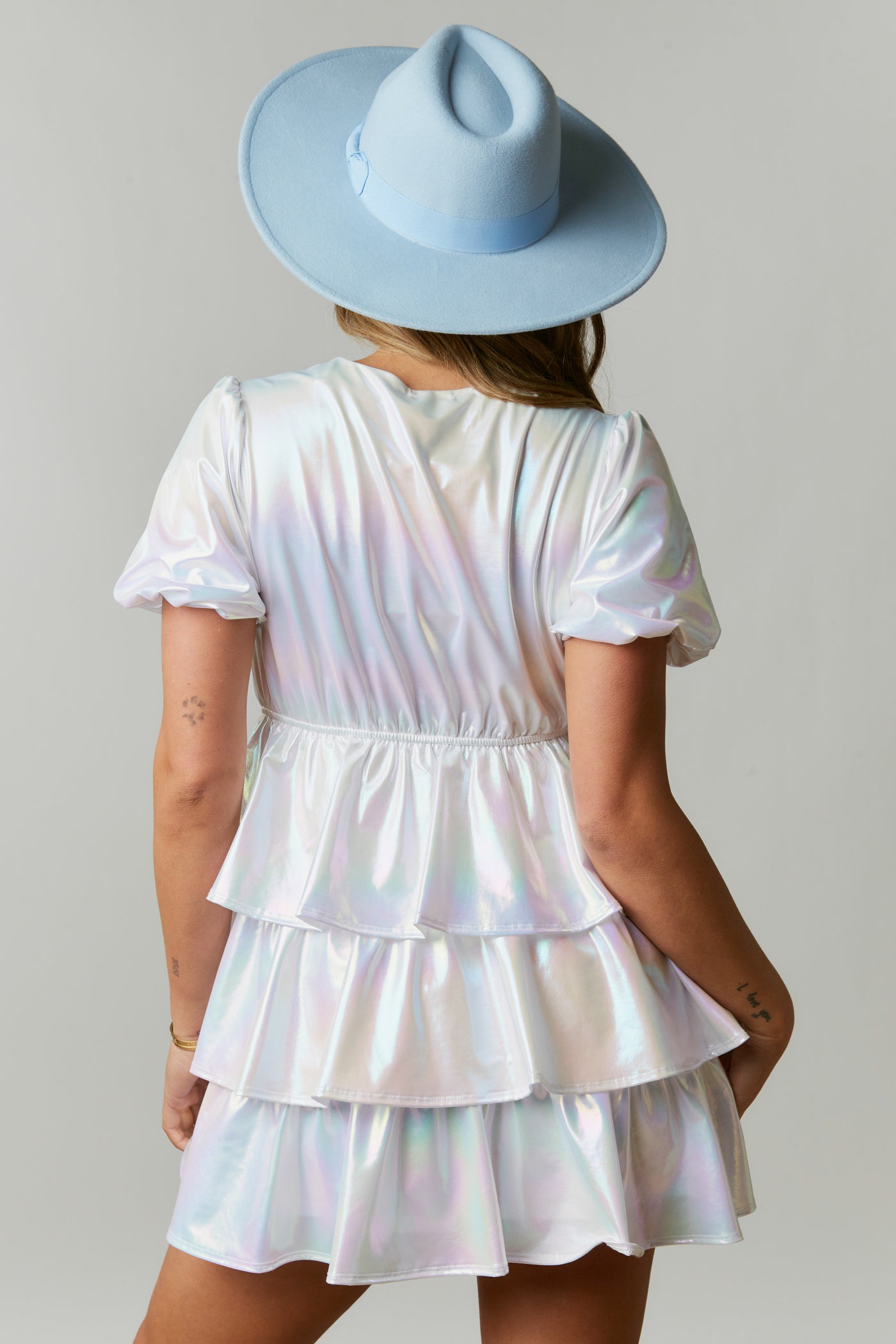 The Gumdrop Tiered Mini Dress in Iridescent Pearl