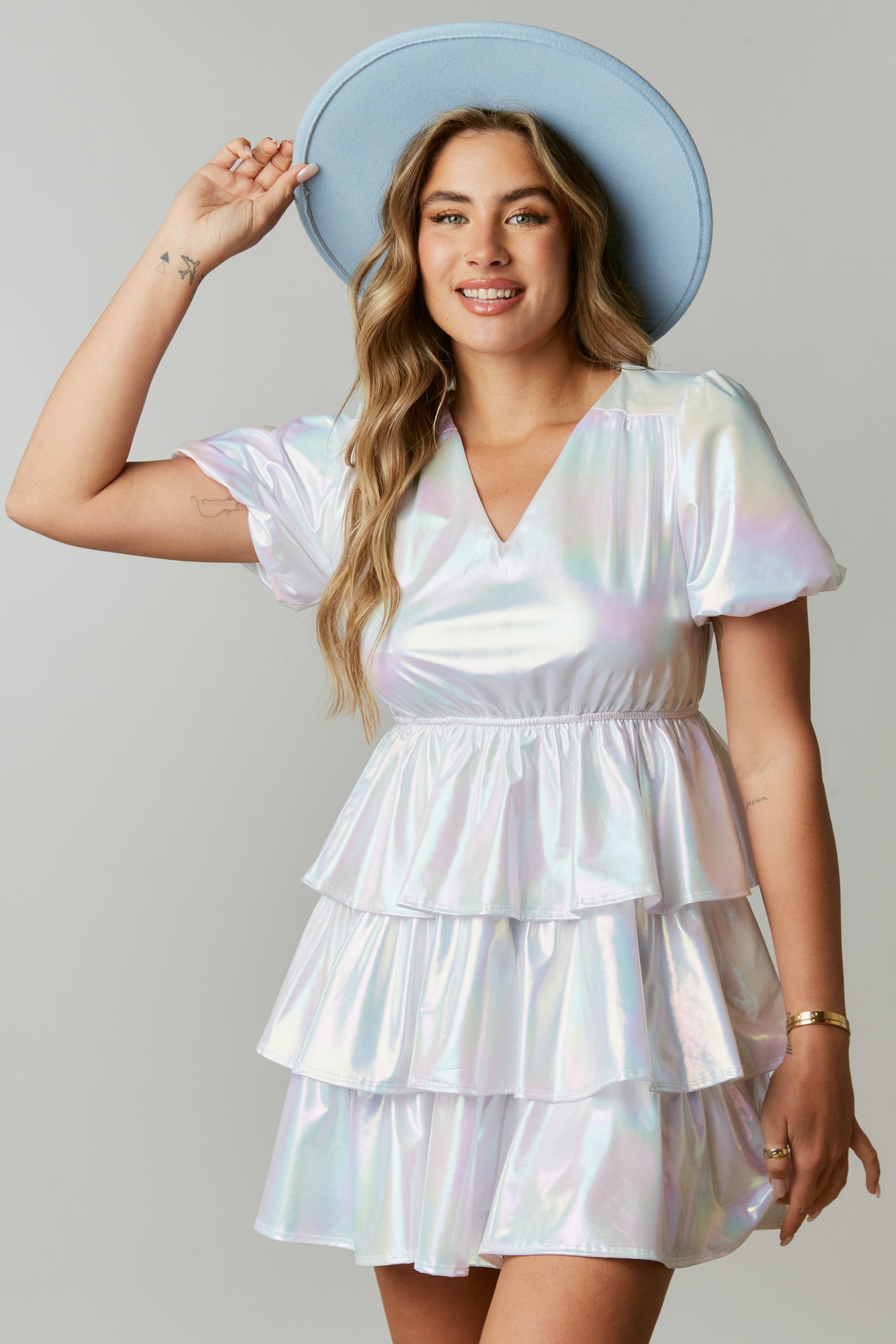 The Gumdrop Tiered Mini Dress in Iridescent Pearl