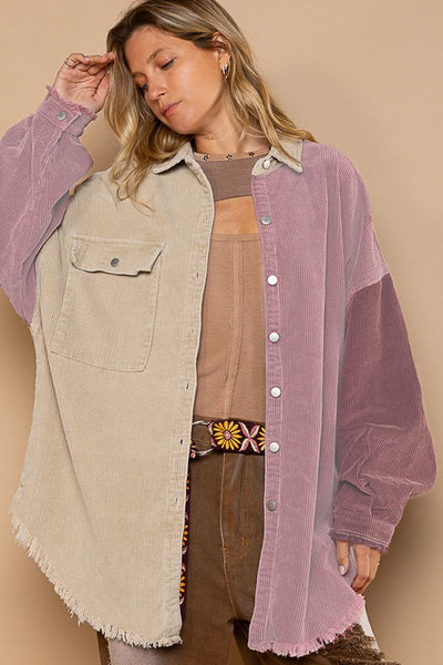 Fireside Cutie Contrast Block Corduroy Shacket in Taupe/Burgundy