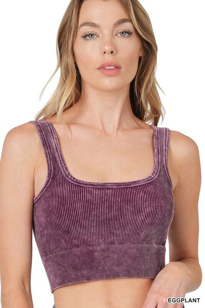 Maddie Washed Ribbed Crop Top Bralette in Eggplant