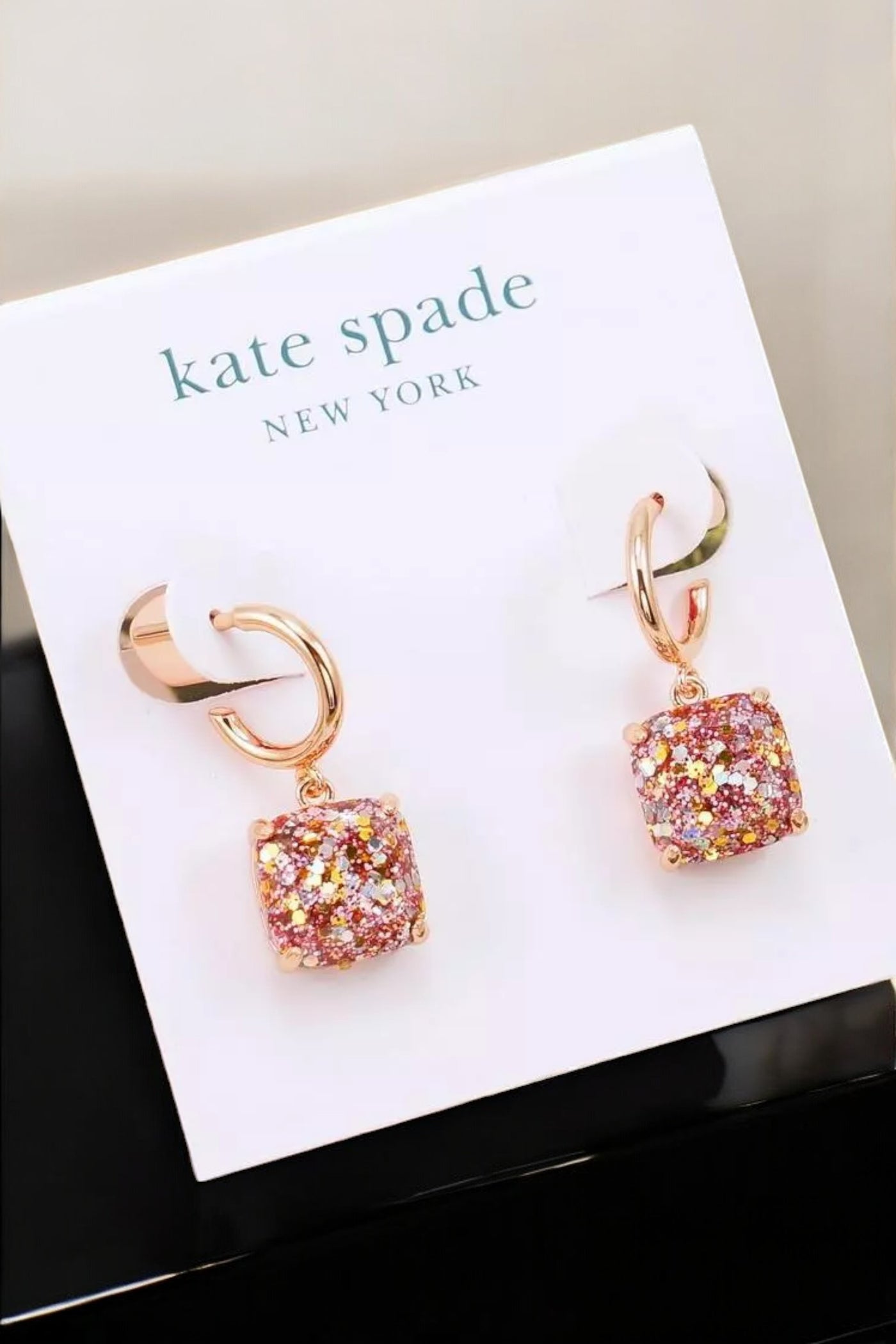 Kate Spade New York Mini Small Square Drop Earrings Rose Gold Glitter