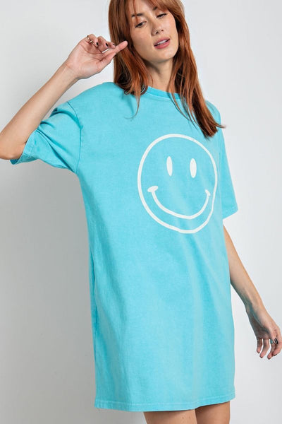 Don't Worry Be Happy Oversized Smiley Face Dress in Turquoise