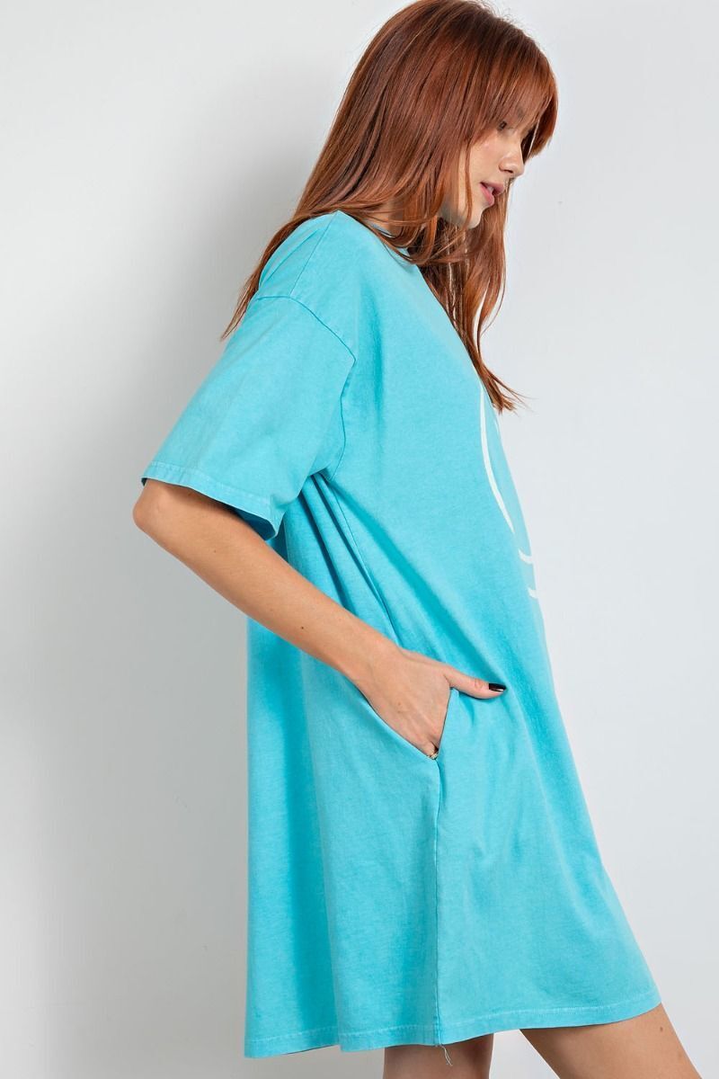 Don't Worry Be Happy Oversized Smiley Face Dress in Turquoise