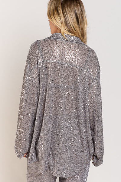 Life's a Party Sequin Button-Up Shirt in Grey
