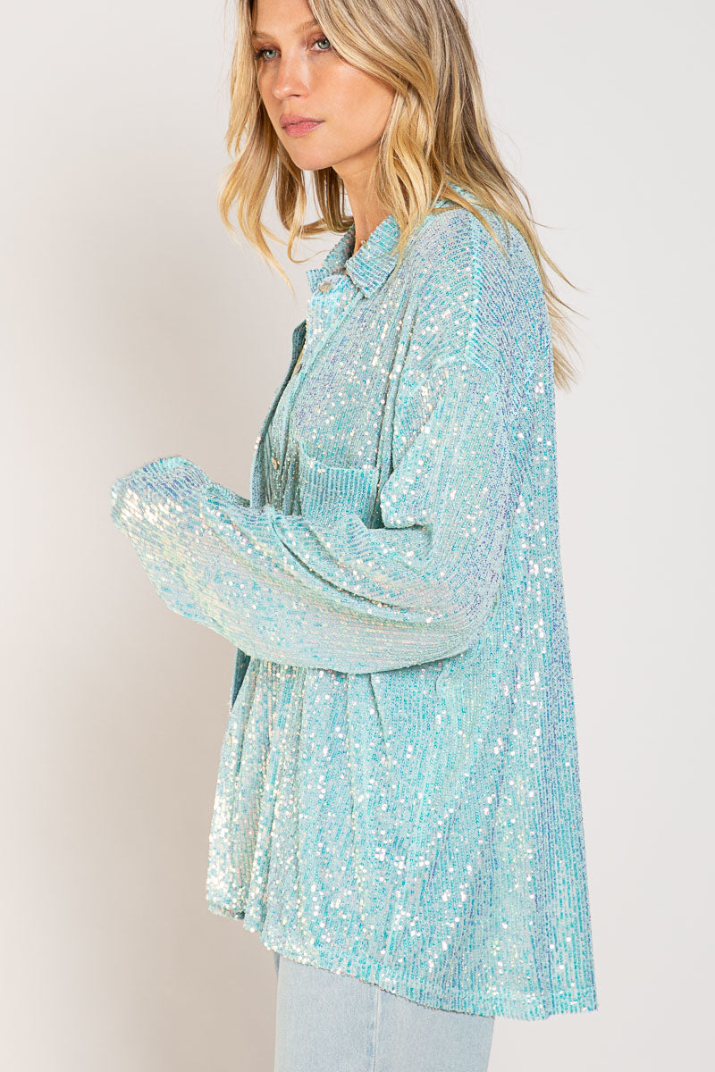 Life's a Party Sequin Button-Up Shirt in Aqua