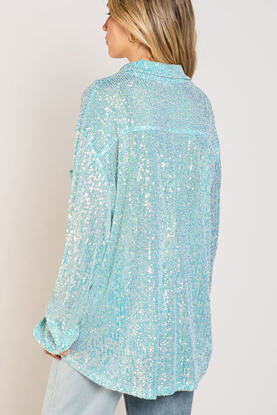 Life's a Party Sequin Button-Up Shirt in Aqua