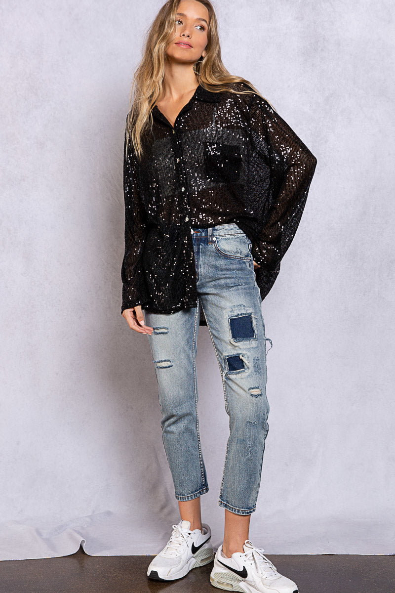 Life's a Party Sequin Button-Up Shirt in Black