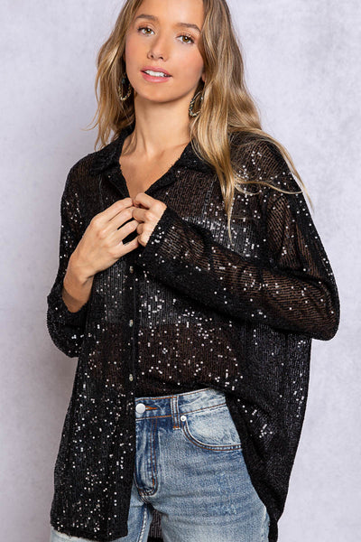 Life's a Party Sequin Button-Up Shirt in Black