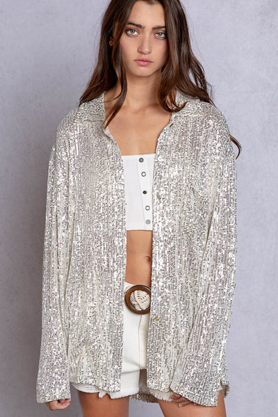 Life's a Party Sequin Button-Up Shirt in Silver White