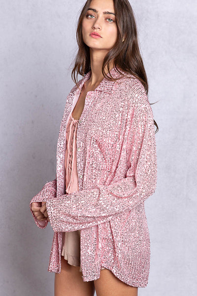 Life's a Party Sequin Button-Up Shirt in Rose Pink