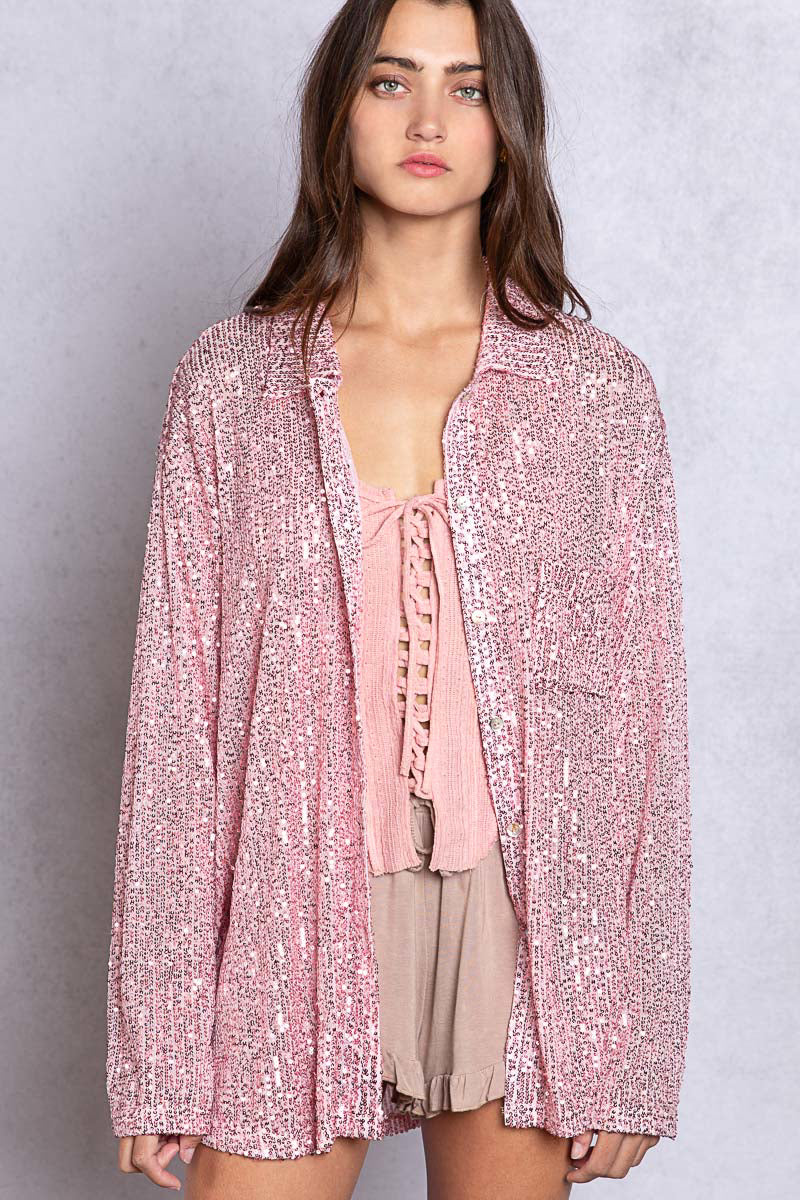 Life's a Party Sequin Button-Up Shirt in Rose Pink