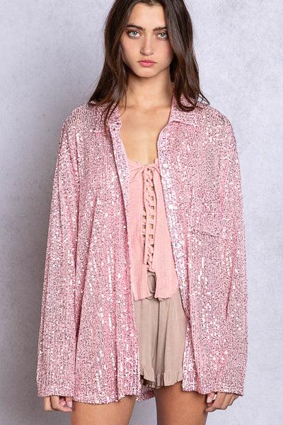 Life's a Party Sequin Button-Up Shirt in Rose Pink