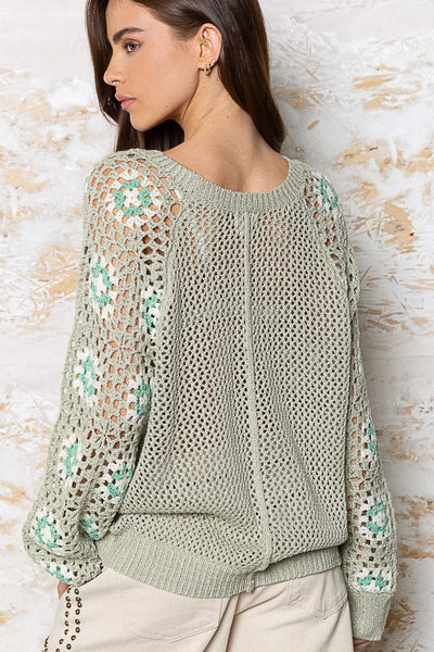 Good Energy Patchwork Crochet Sweater in Sage