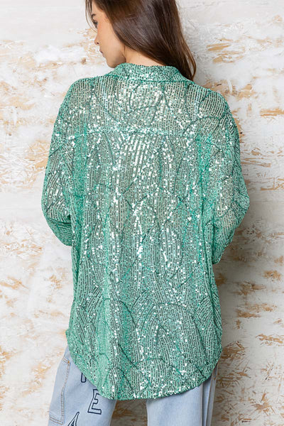 Life's a Party Sequin Button-Up Shirt in Mint Leaf