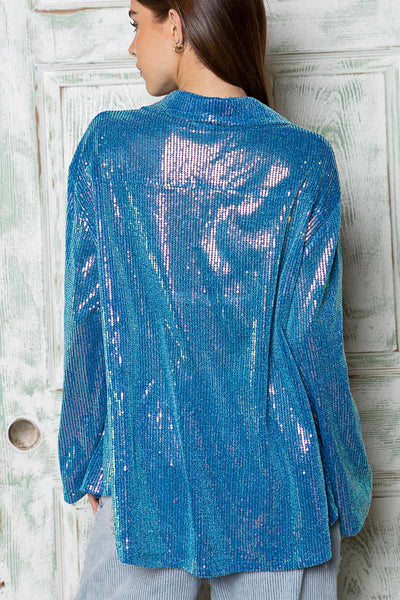 Life's a Party Sequin Button-Up Shirt in Ocean Blue