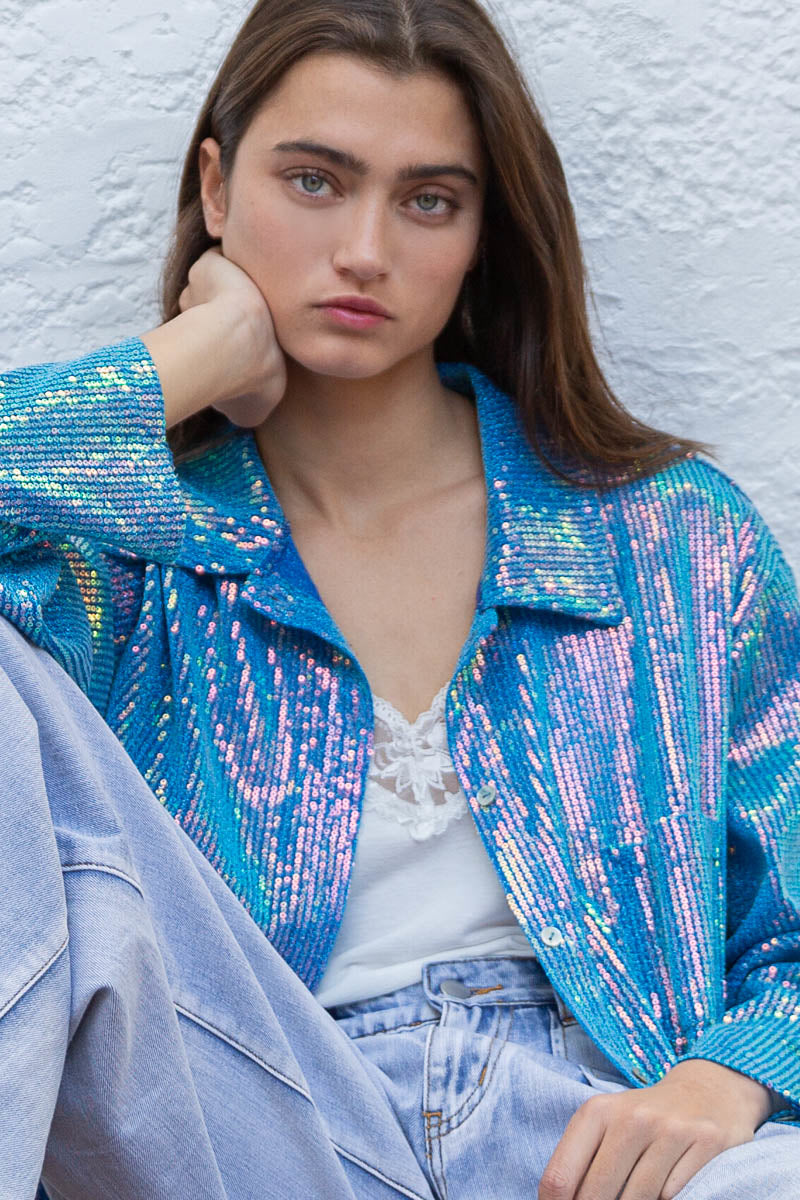 Life's a Party Sequin Button-Up Shirt in Ocean Blue
