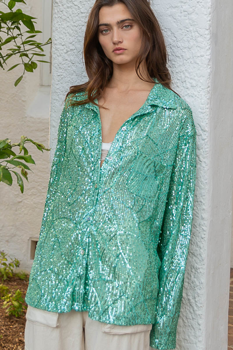 Life's a Party Sequin Button-Up Shirt in Mint Leaf