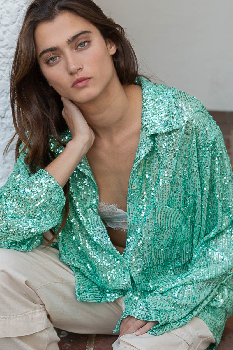 Life's a Party Sequin Button-Up Shirt in Mint Leaf