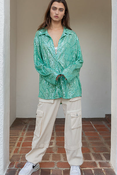 Life's a Party Sequin Button-Up Shirt in Mint Leaf